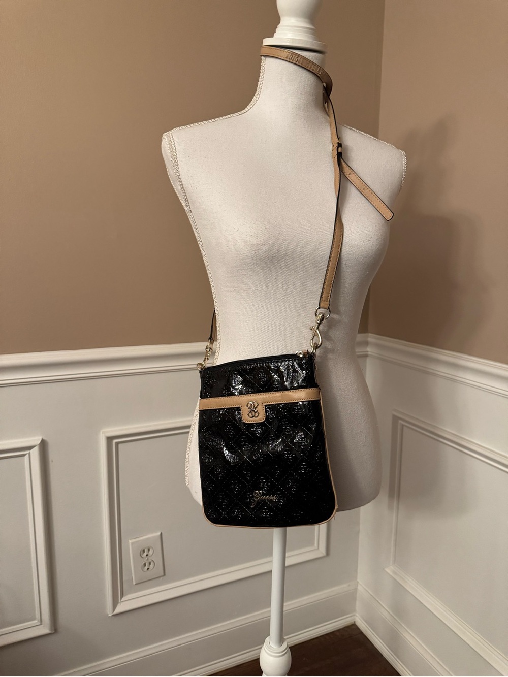 GUESS Black Patent Quilted Logo Crossbody Bag with Tan Trim